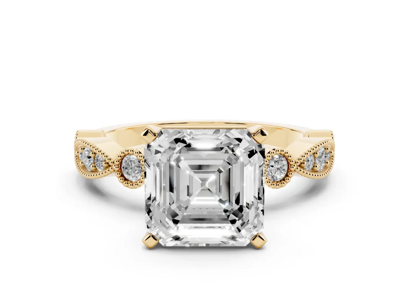 Asscher Cut Vintage Milgrain Solitaire Engagement Ring Setting | Bezel Accents | Yellow Gold