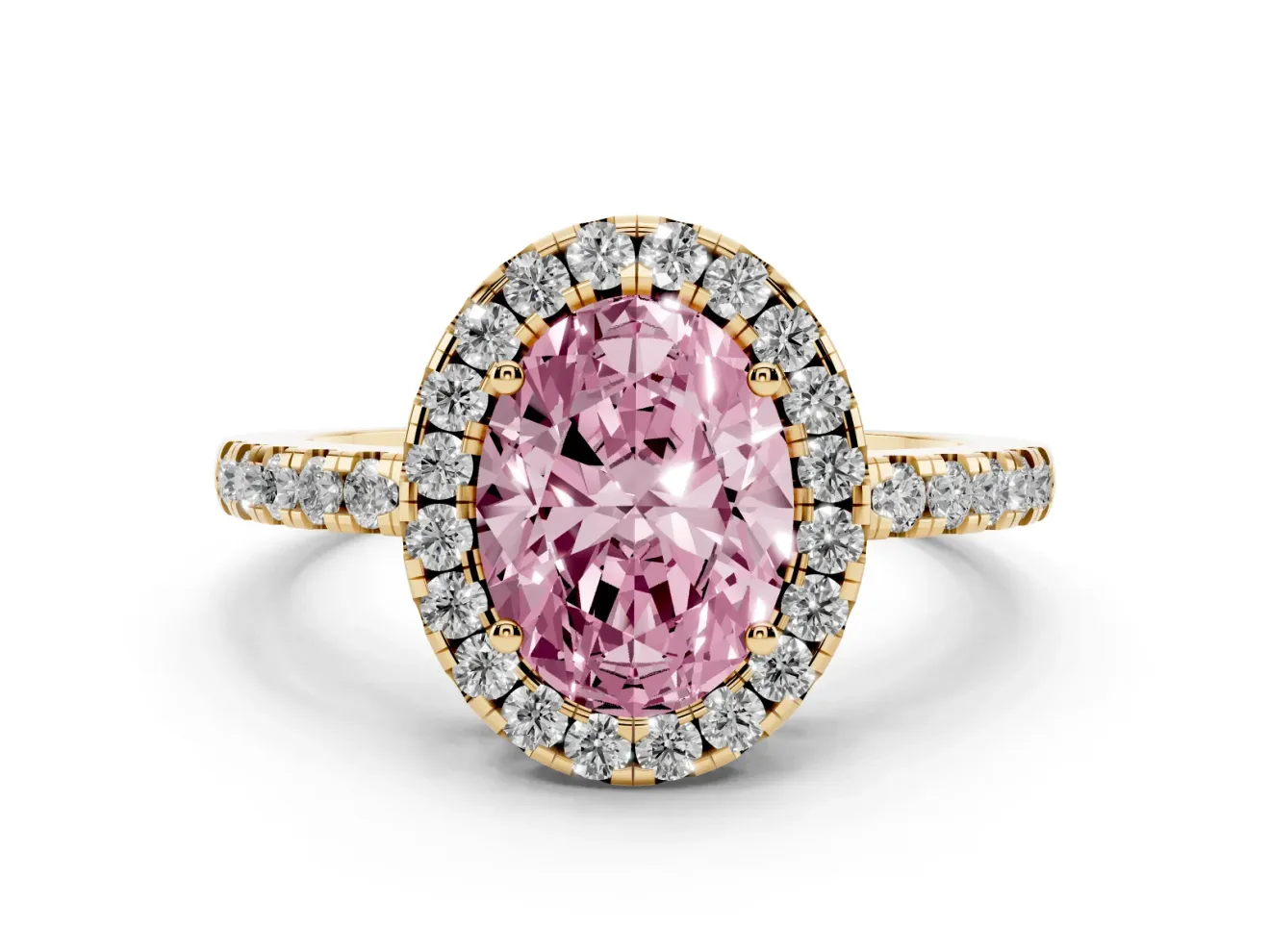 Fancy Pink Oval Cut Diamond Pavé Band Halo Engagement Ring Set in Yellow gold with Prong Setting