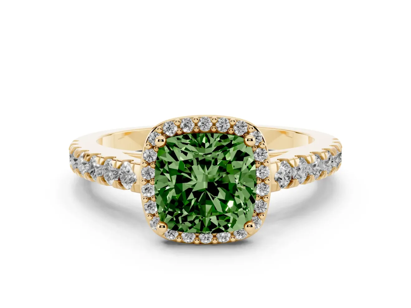 Cushion Cut Halo Pavé Engagement Ring Setting for a Fancy Green Lab-Grown Diamond | Yellow Gold