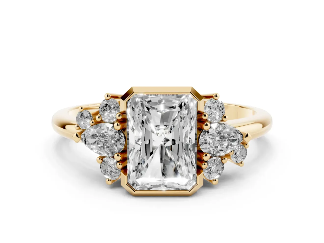 Radiant Cut Pear Side Stone Cluster Engagement Ring Setting | Bezel Frame | Yellow Gold