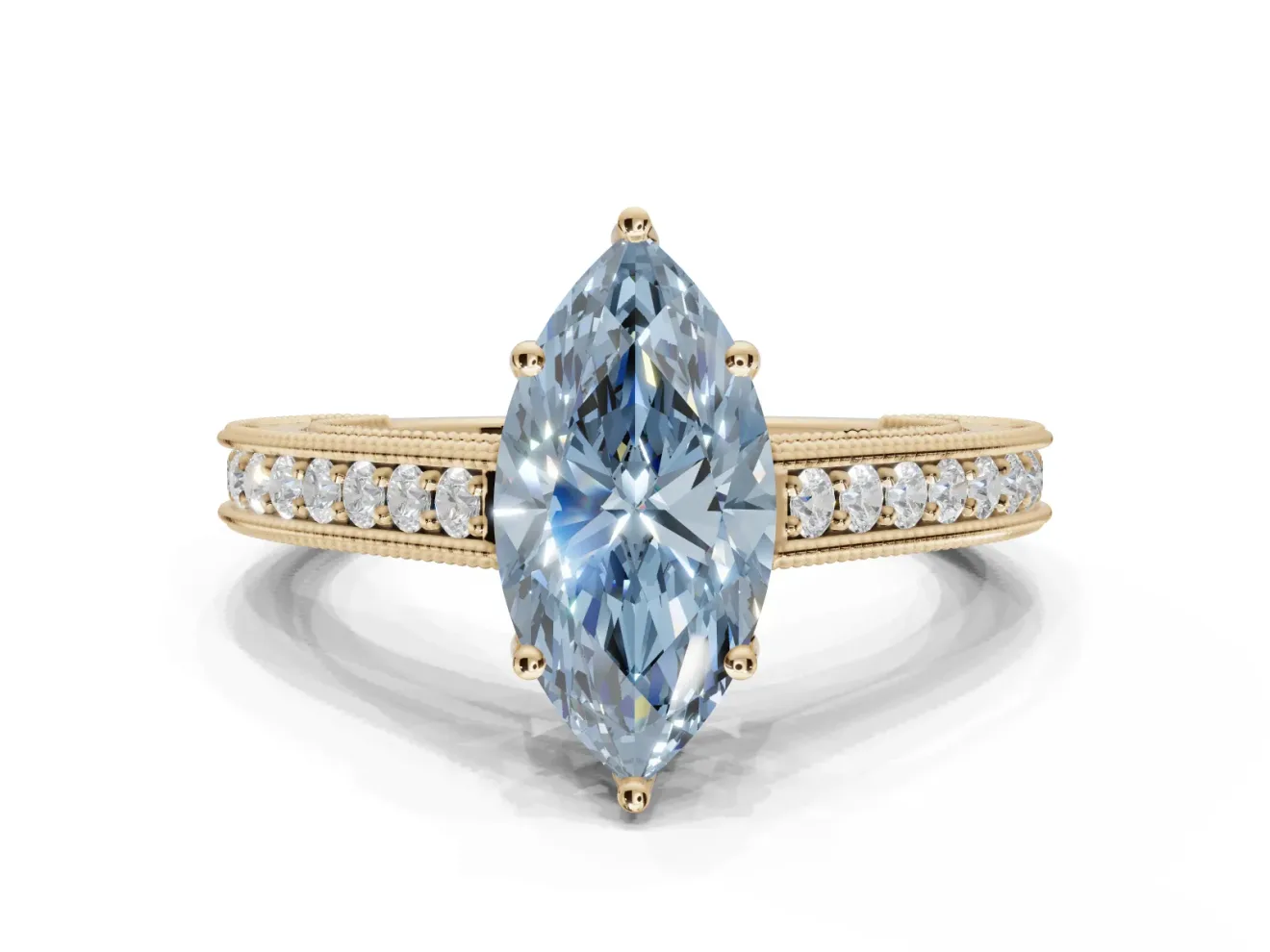 Marquise Vintage Engraved Pavé Engagement Ring Setting for a Fancy Blue Lab-Grown Diamond | Milgrain Edges | Yellow Gold