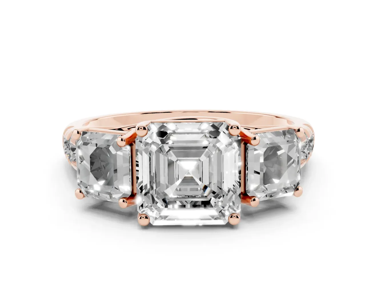 Asscher Cut Three Stone Engagement Ring Setting | Accented Shoulders | Rose Gold