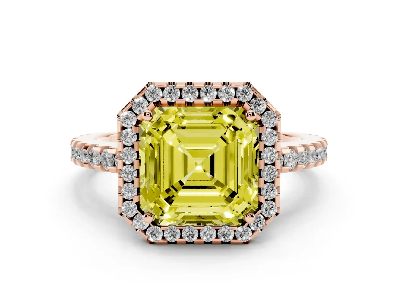 Asscher Cut Pave Halo Engagement Ring Setting for a Fancy Yellow Lab-Grown Diamond | Rose Gold
