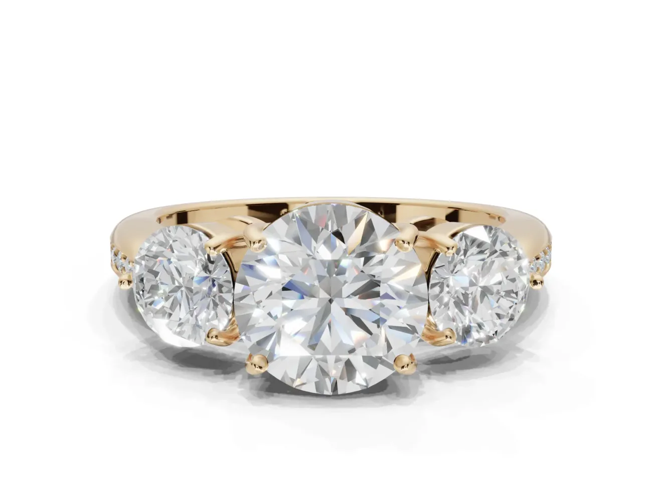 Round Three Stone Engagement Ring Setting | Tapered Pave Band | Yellow Gold
