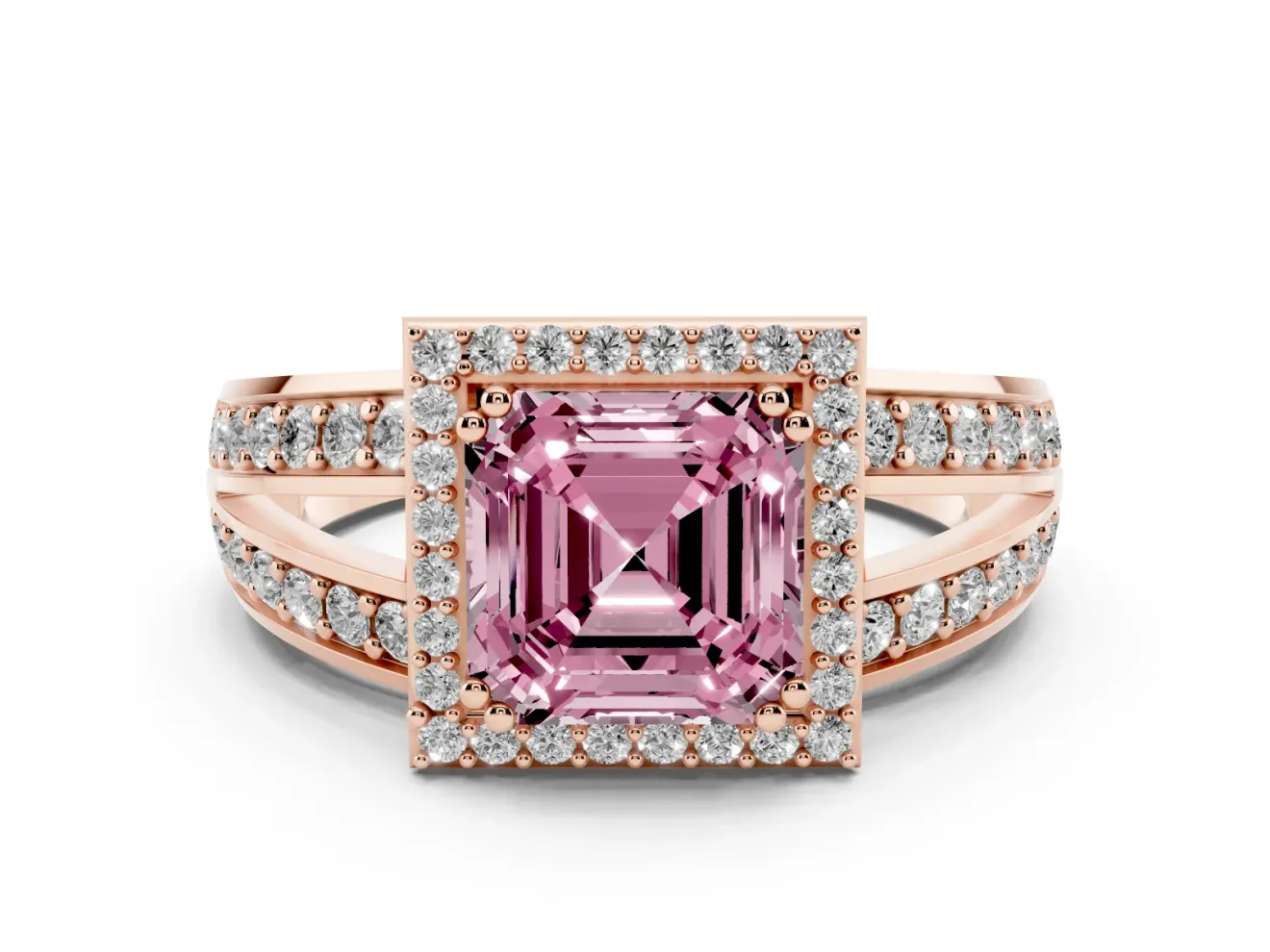 Asscher Cut Halo Engagement Ring Setting for a Fancy Pink Lab-Grown Diamond | Two-Row Pave Split Shank | Rose Gold