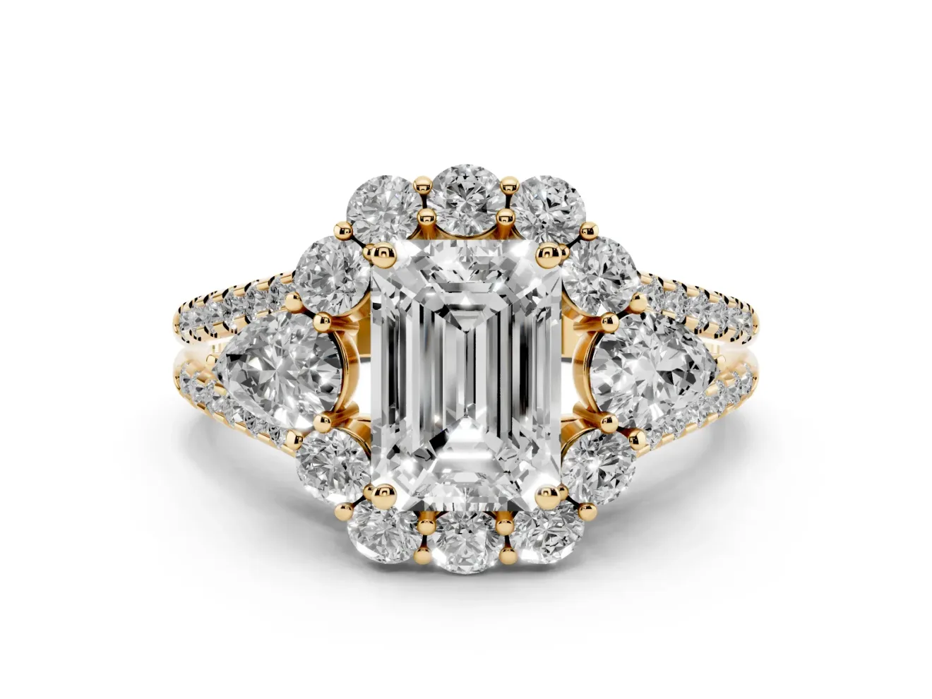Emerald Cut Scalloped Halo Engagement Ring Setting | Pear Side Stones | Yellow Gold