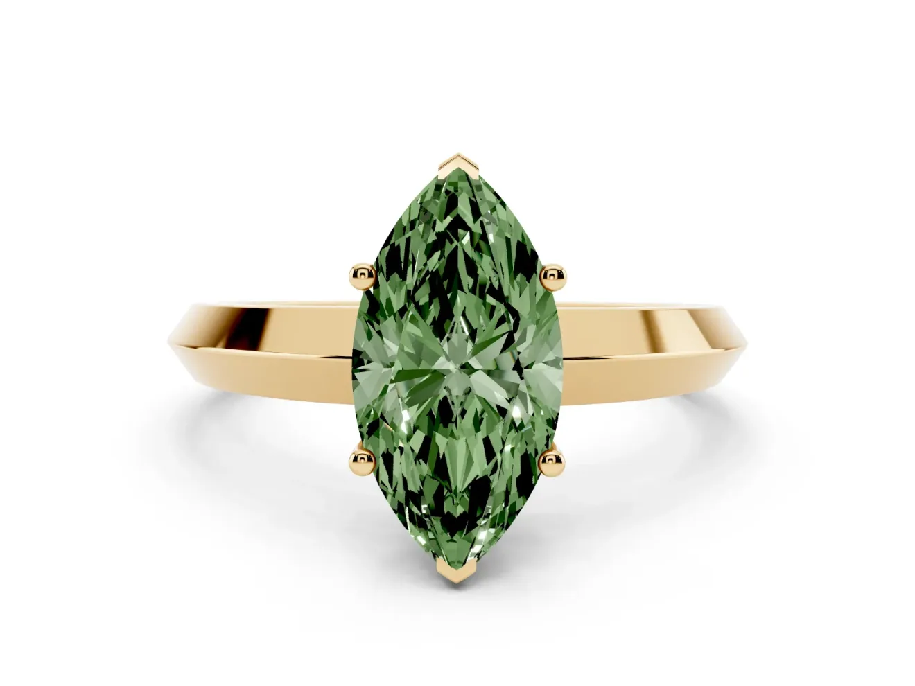 Fancy Green Marquise Cut Diamond Solitaire Engagement Ring Set in Yellow gold with Flat Band and Prong Setting