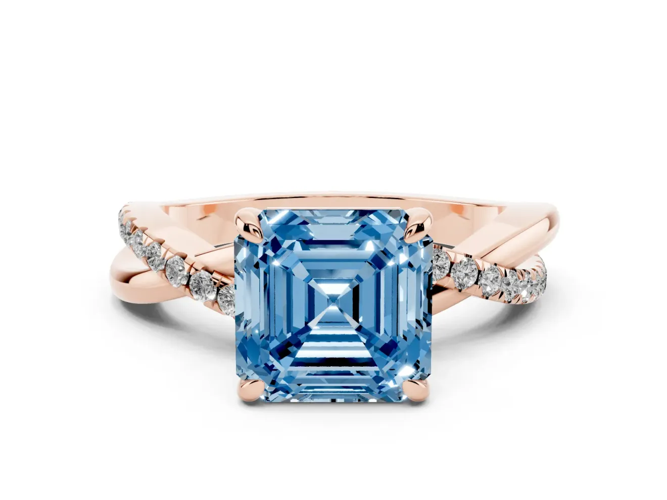 Fancy Blue Asscher Cut Diamond Twist Band Solitaire Set in Rose gold with Pavé Accents and Prong Setting