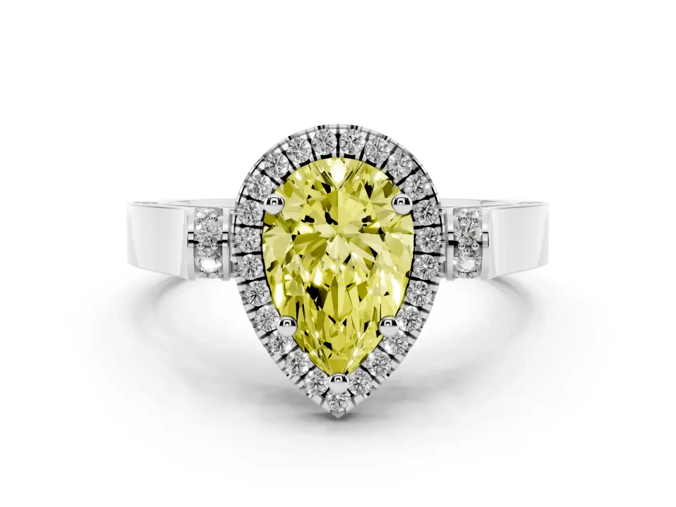 Pear-Shaped Halo Engagement Ring Setting for a Fancy Yellow Lab-Grown Diamond | Pavé Panel Shoulders | White Gold