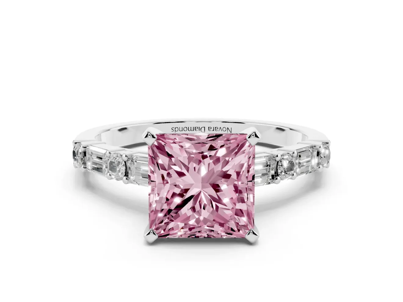 Fancy Pink Princess Cut Diamond Solitaire Set in Platinum with Side Baguettes and Channel Set Band