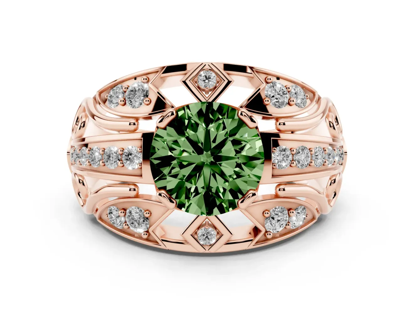 Round Art Deco Graduated Engagement Ring Setting for a Fancy Green Lab-Grown Diamond | Rose Gold
