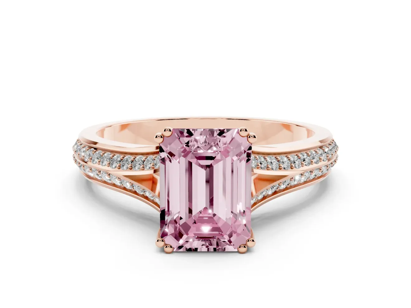 Emerald Cut Pave Split Shank Engagement Ring Setting for a Fancy Pink Lab-Grown Diamond | Double Claw Prongs | Rose Gold