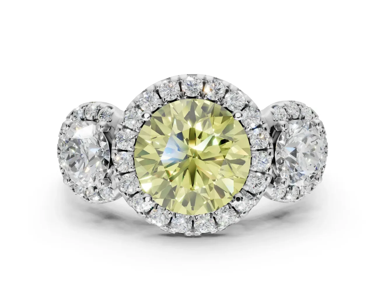 Round Three Stone Halo Engagement Ring Setting for a Fancy Yellow Lab-Grown Diamond | Sterling Silver