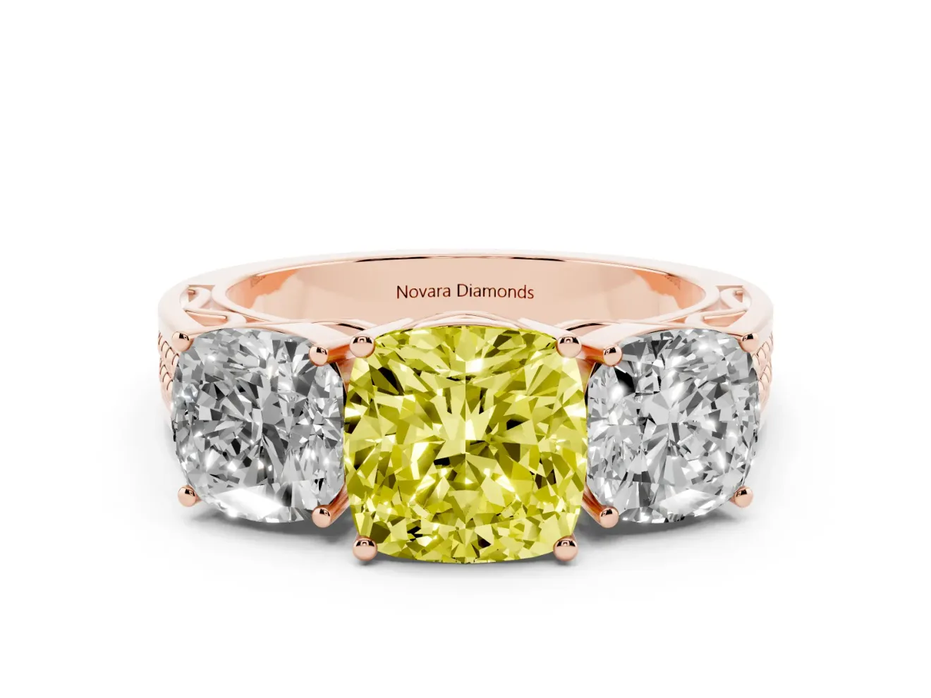 Cushion Cut Three Stone Engagement Ring Setting for a Fancy Yellow Lab-Grown Diamond | Beaded Shoulders | Rose Gold