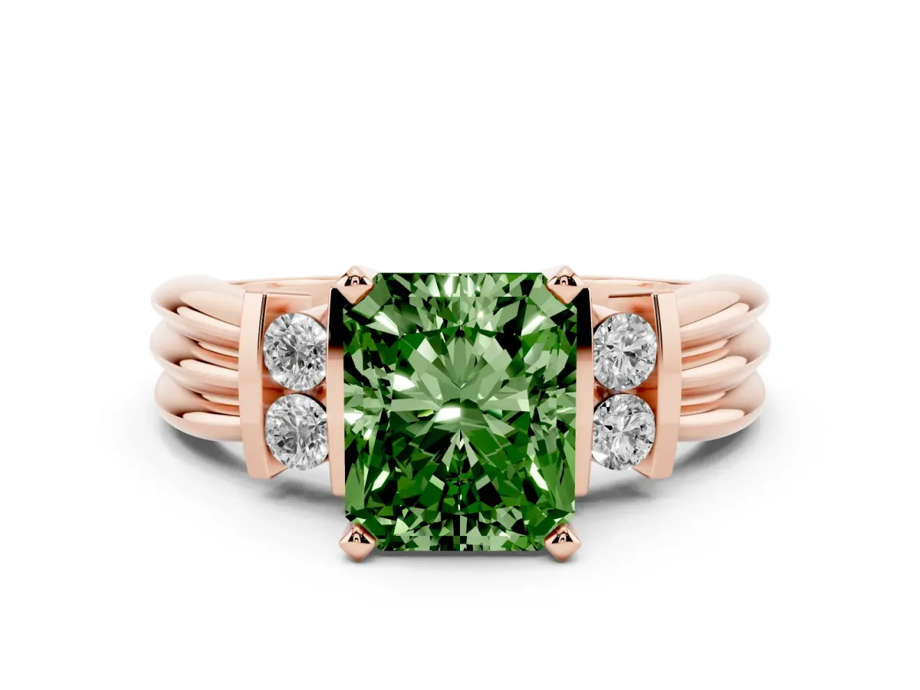Fancy Green Three-Stone Radiant Cut Diamond Channel Set Ring Set in Rose gold with Bar Prongs