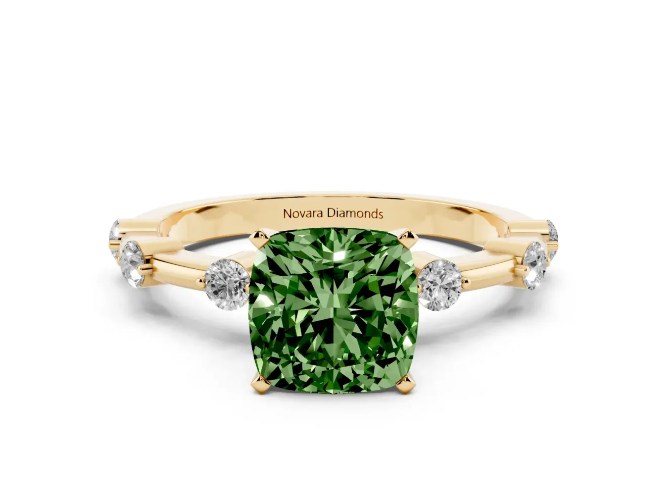 Fancy Green Cushion Cut Diamond Solitaire Ring Set in Yellow gold with Bezel Set Side Stones and Prong Setting
