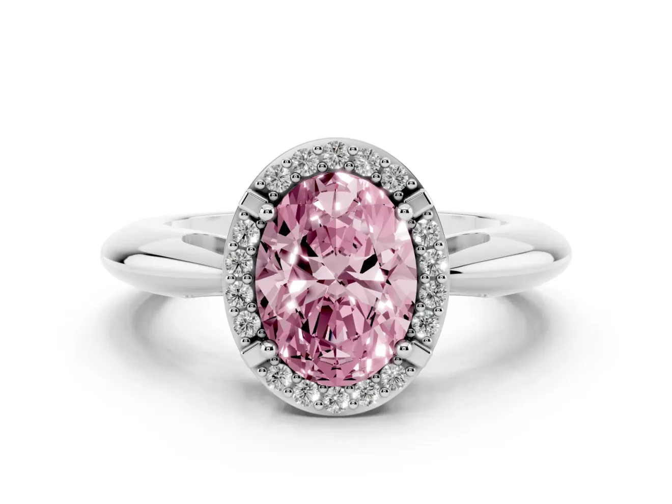 Fancy Pink Oval Cut Diamond Halo Engagement Ring Set in Platinum with Plain Split Shank and Prong Setting