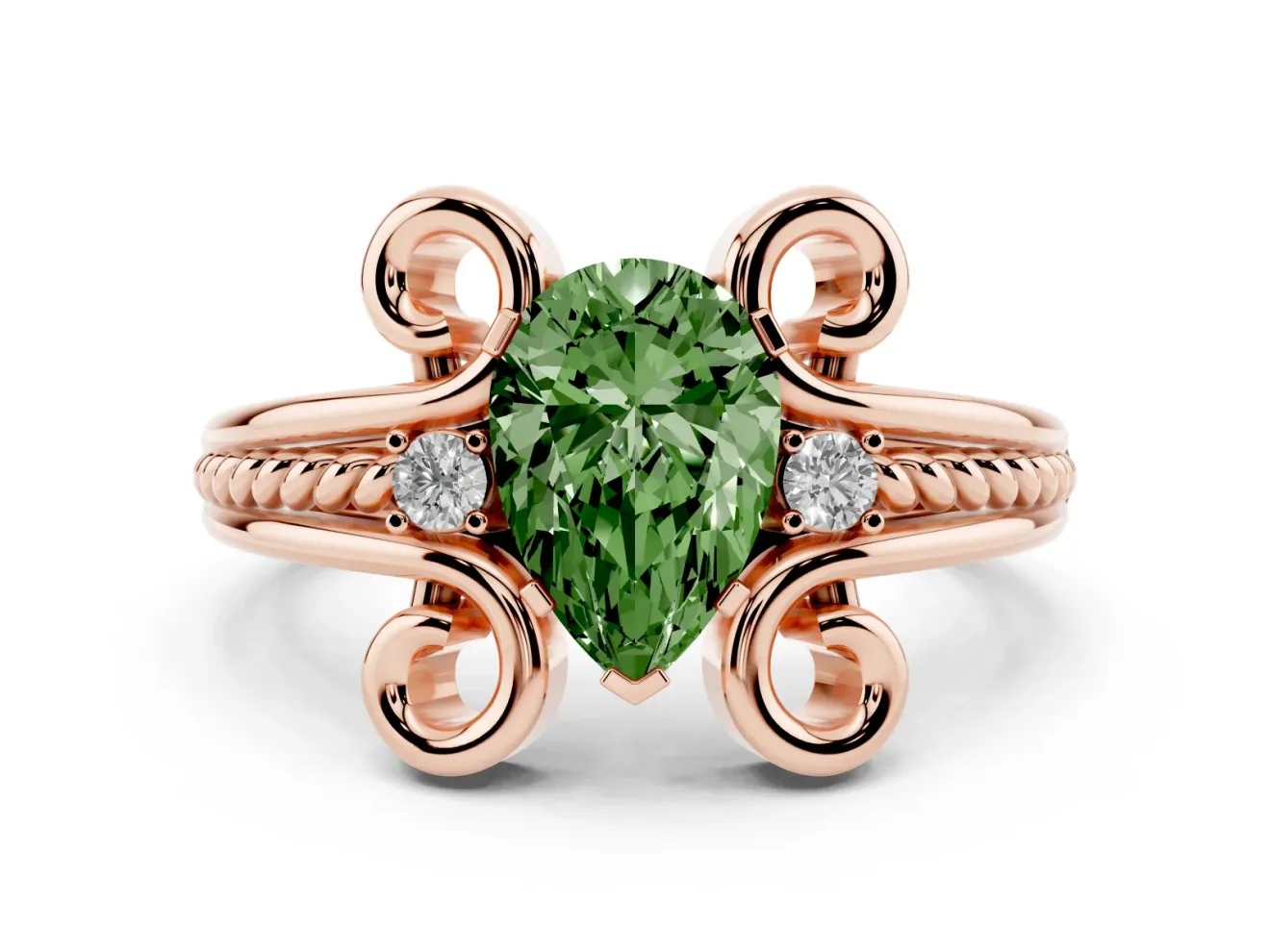 Fancy Green Pear Cut Diamond Twisted Band Solitaire Ring Set in Rose gold with Scroll Prongs