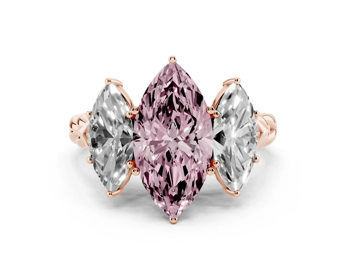 Fancy Pink Marquise Cut Diamond Three-Stone Ring Set in Rose gold with Braided Band