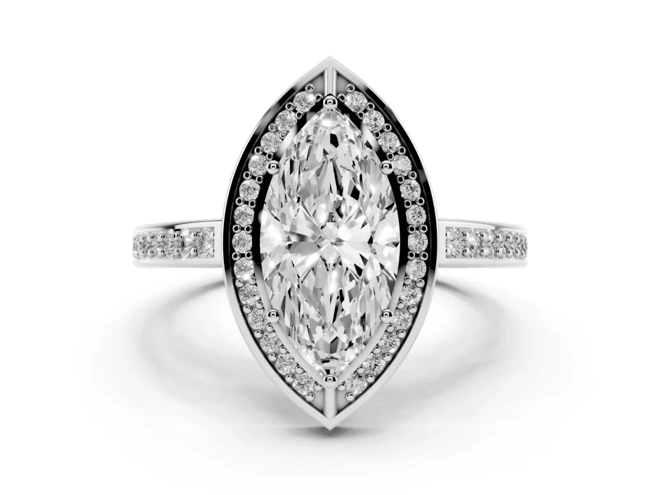 Marquise Cut Diamond Halo Pavé Split Shank Ring Set in Silver with Prong Setting