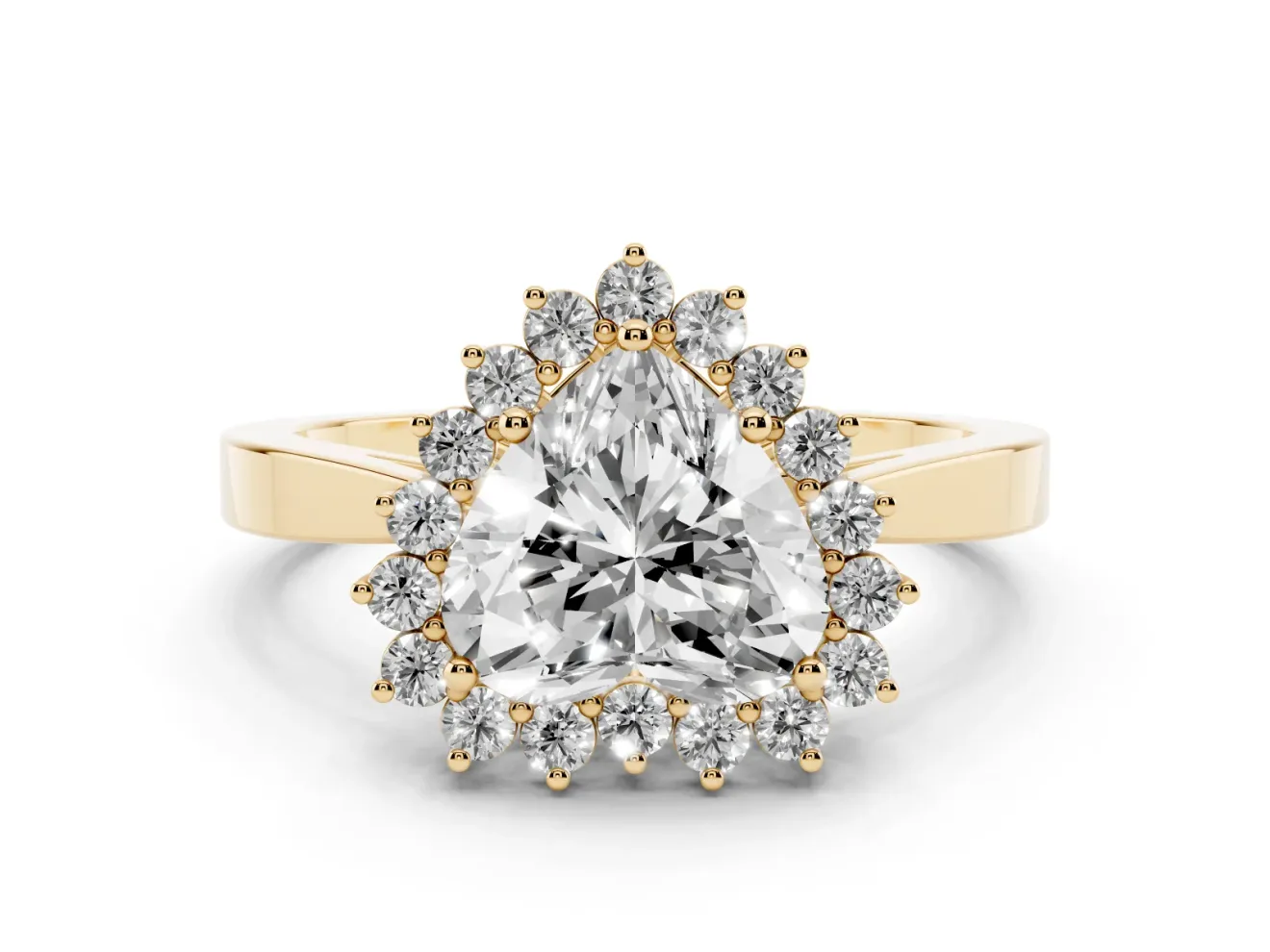 Heart Cut Diamond Halo Ring Set in Yellow gold with Round Halo and Smooth Solitaire Band