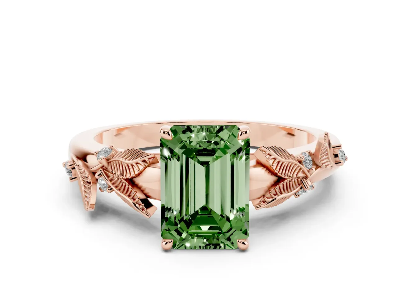 Emerald Cut Leaf Solitaire Engagement Ring Setting for a Fancy Green Lab-Grown Diamond | Rose Gold