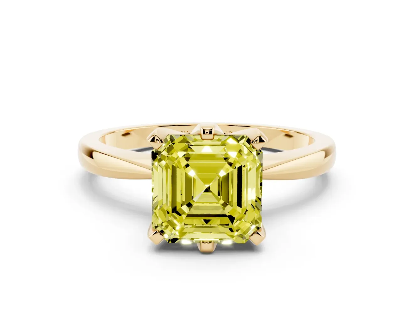 Fancy Yellow Asscher Cut Diamond Solitaire Engagement Ring Set in Yellow gold with Slim Tapered Solitaire Band