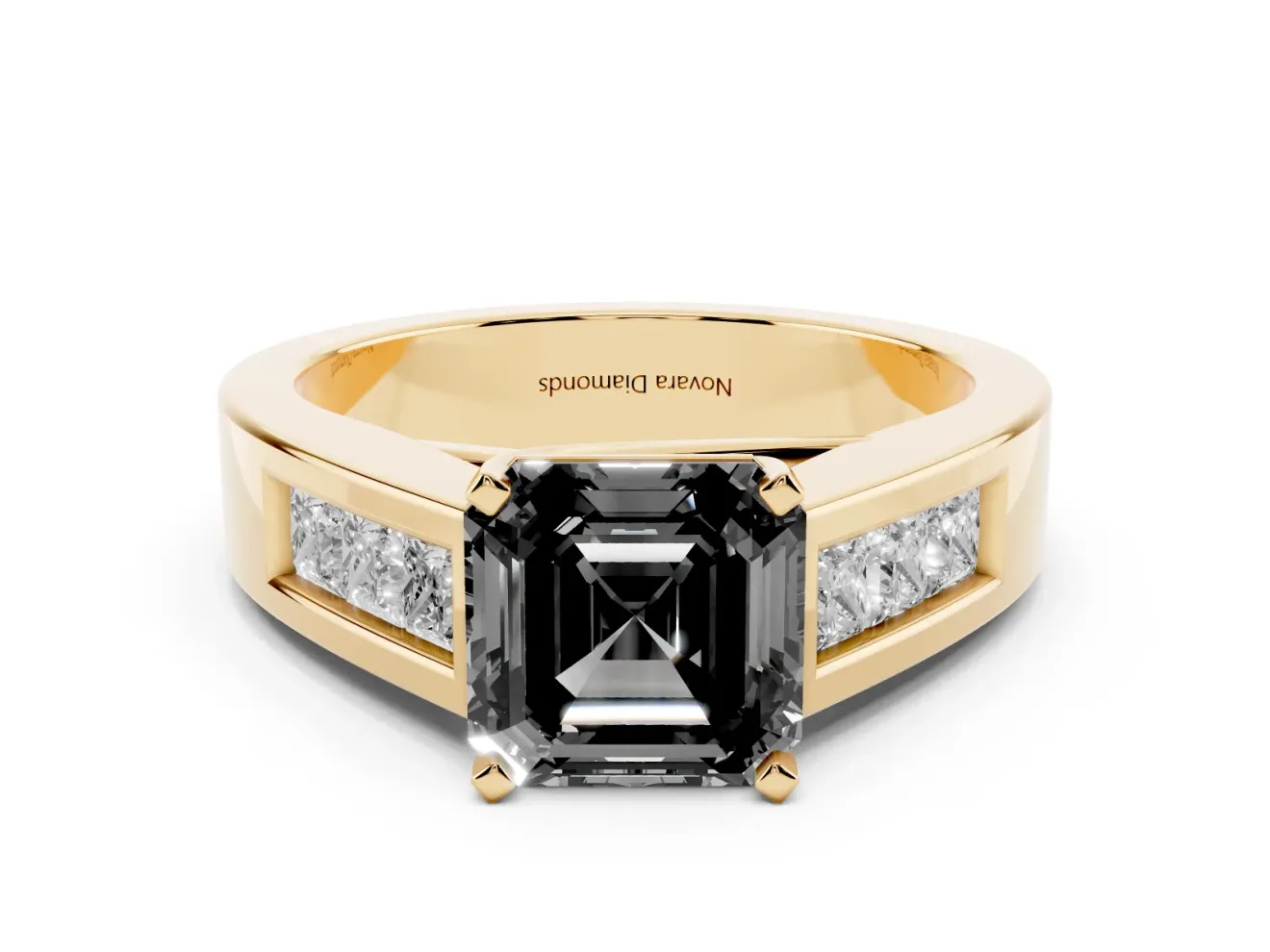 Fancy Black Asscher Cut Diamond Solitaire Ring Set in Yellow gold with Channel-Set Accent Stones and Prong Setting