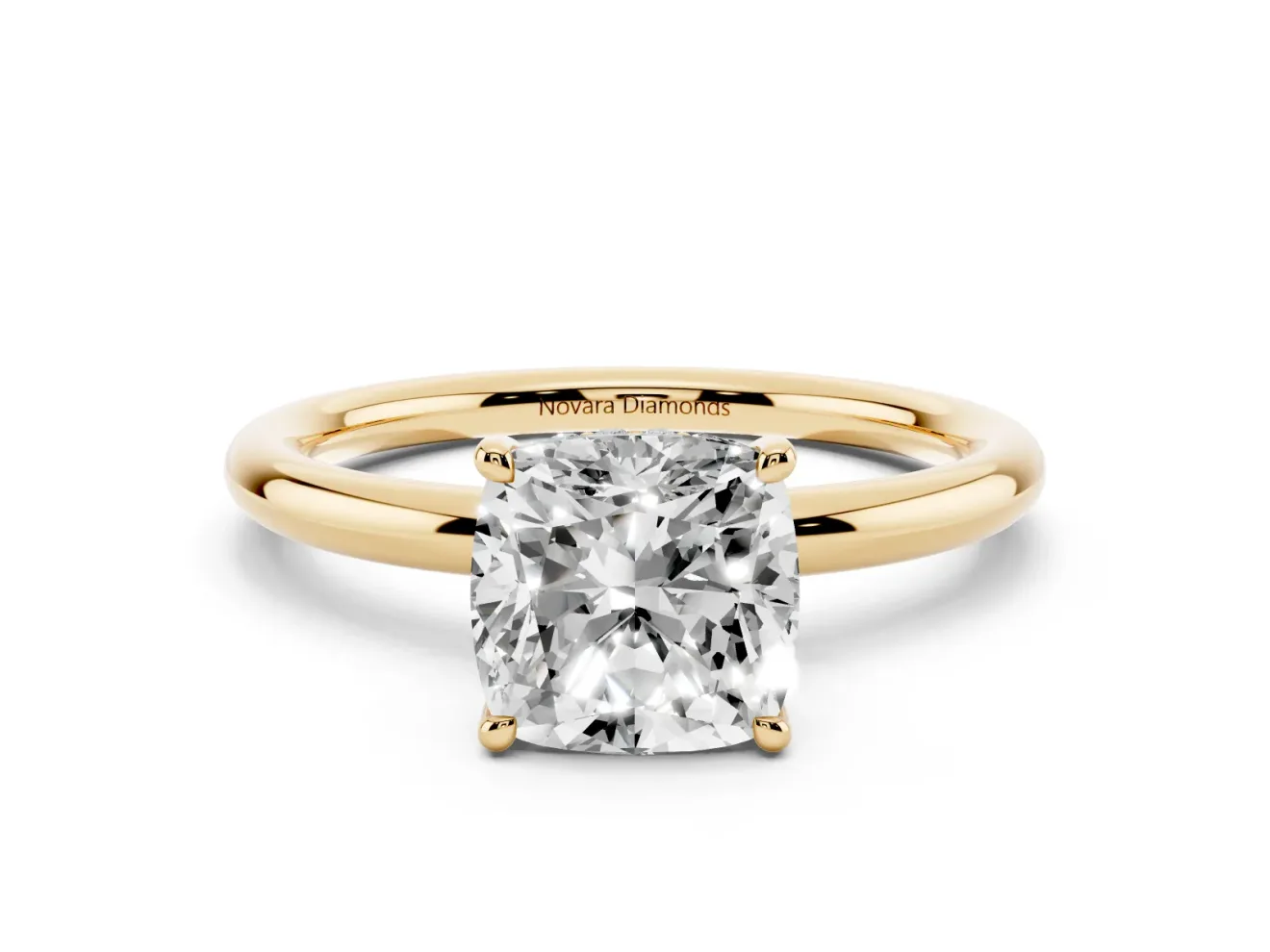Cushion Cut Hidden Halo Engagement Ring Setting | Thin Plain Band | Yellow Gold