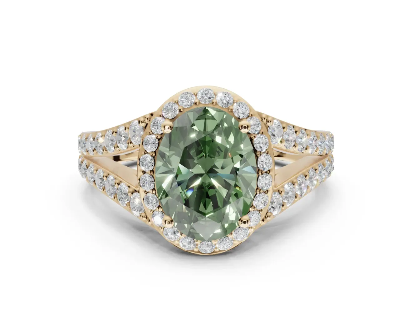 Oval Halo Pavé Engagement Ring Setting for a Fancy Green Lab-Grown Diamond | Narrow Split Shank | Yellow Gold