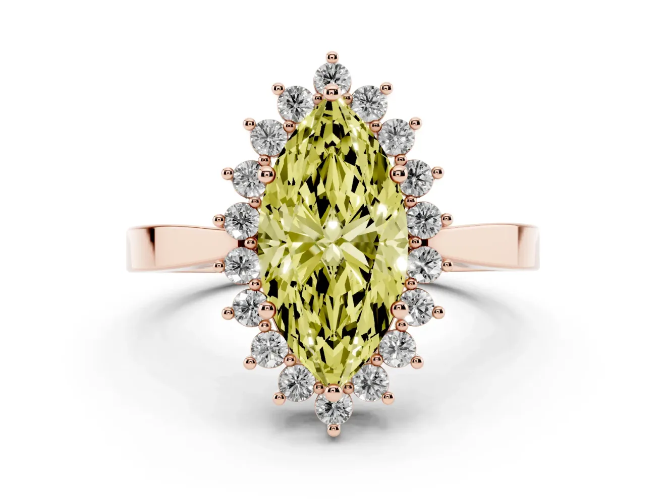 Fancy Yellow Marquise Cut Diamond Halo Ring Set in Rose gold with Round Halo and Smooth Solitaire Band