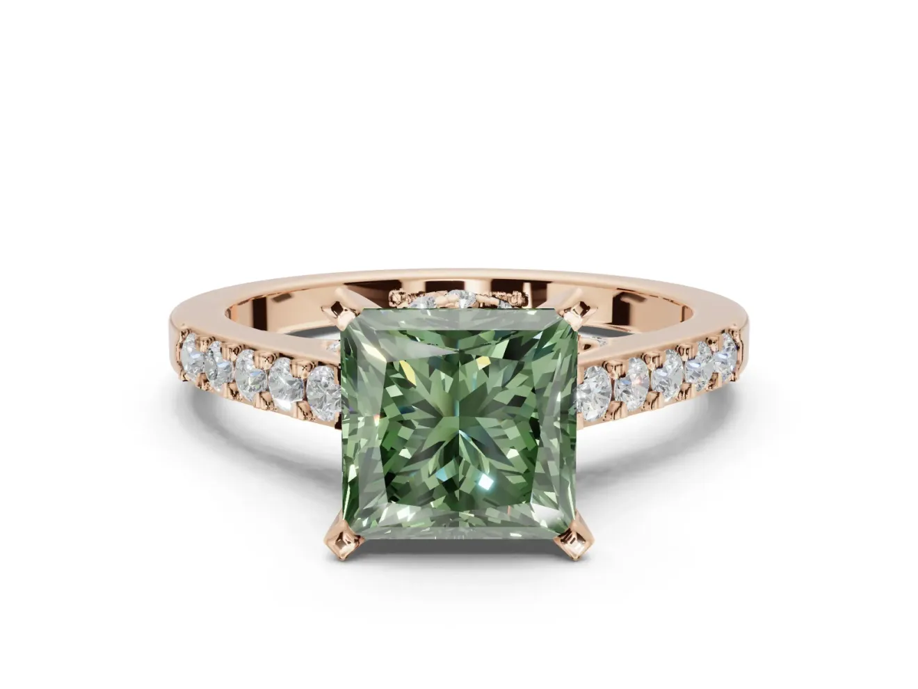 Princess Cut Pavé Solitaire Engagement Ring Setting for a Fancy Green Lab-Grown Diamond | Crossover Gallery | Rose Gold