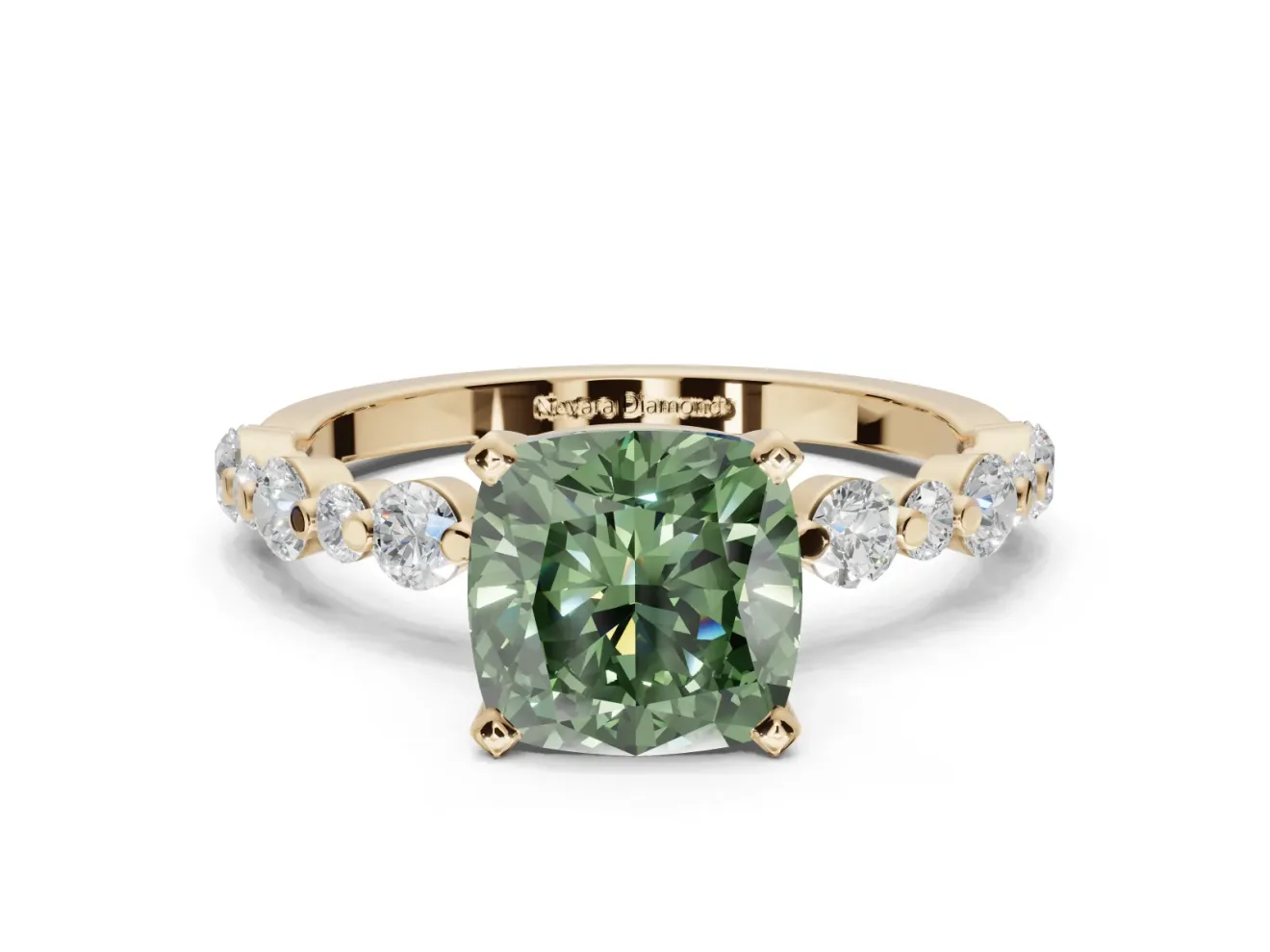 Cushion Cut Pavé Engagement Ring Setting for a Fancy Green Lab-Grown Diamond | Alternating Accents | Yellow Gold