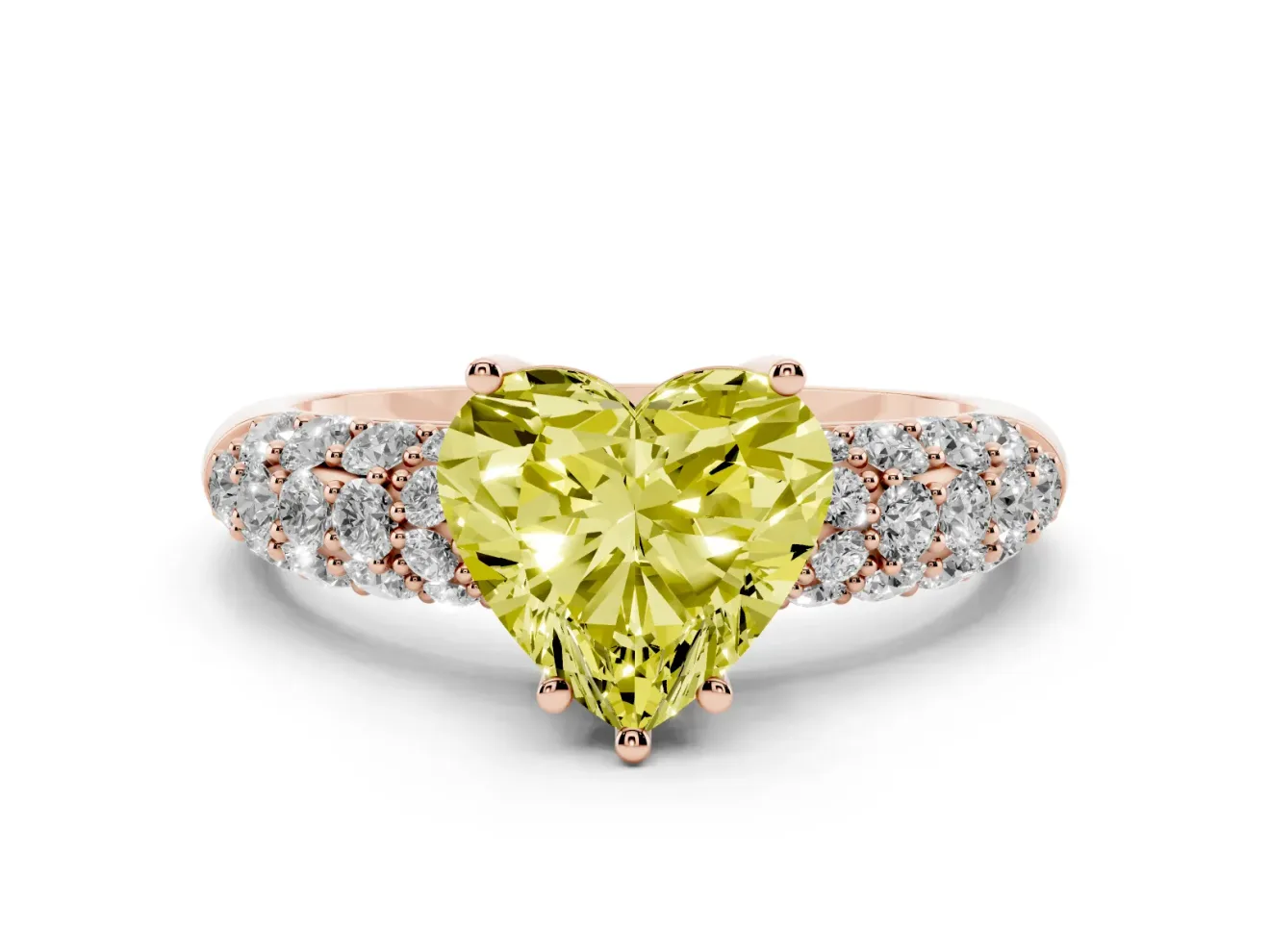 Heart-Shaped Multi Row Pave Engagement Ring Setting for a Fancy Yellow Lab-Grown Diamond | Rose Gold