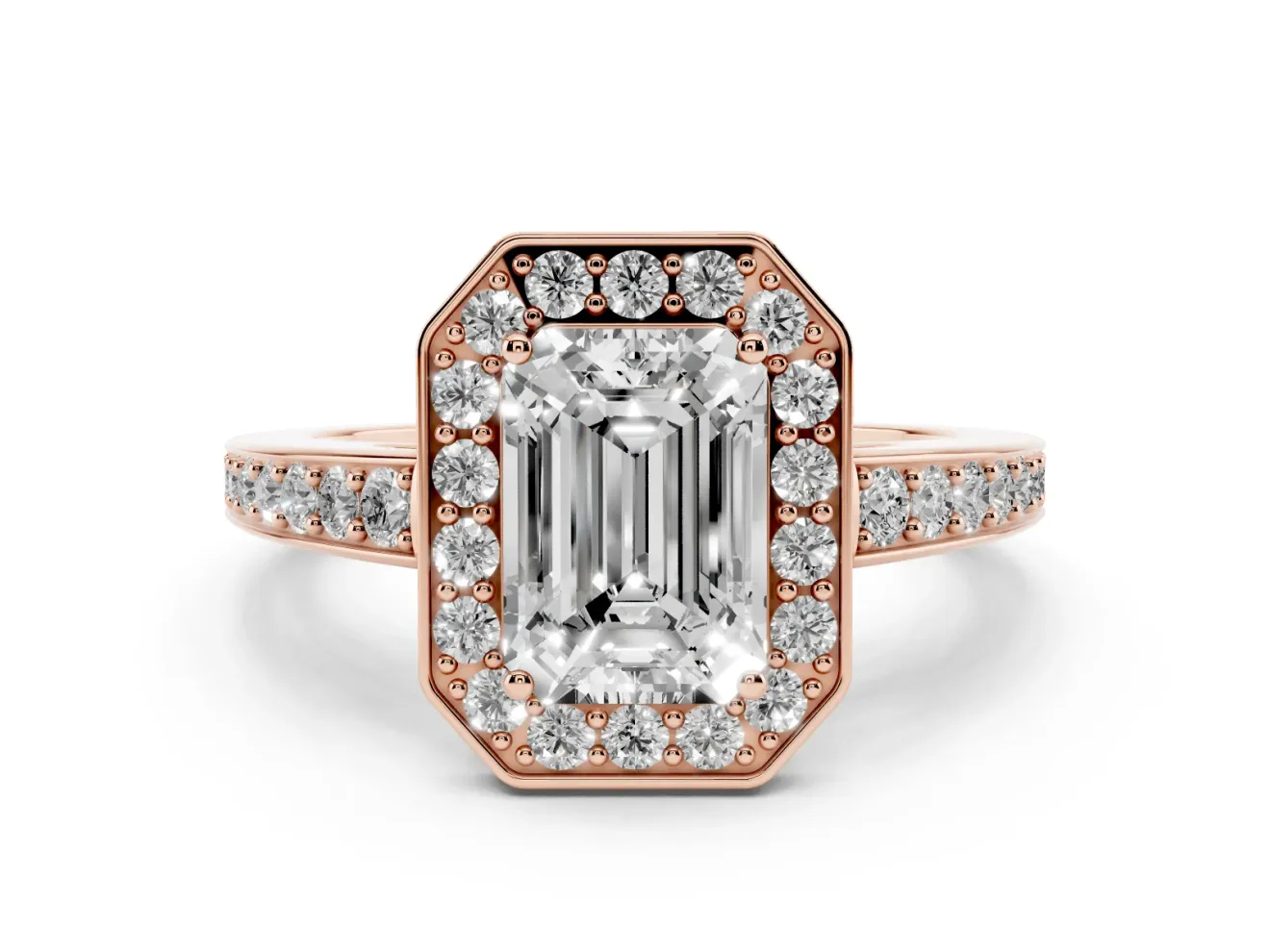 Emerald Cut Diamond Halo Pavé Engagement Ring Set in Rose gold with Bezel Setting