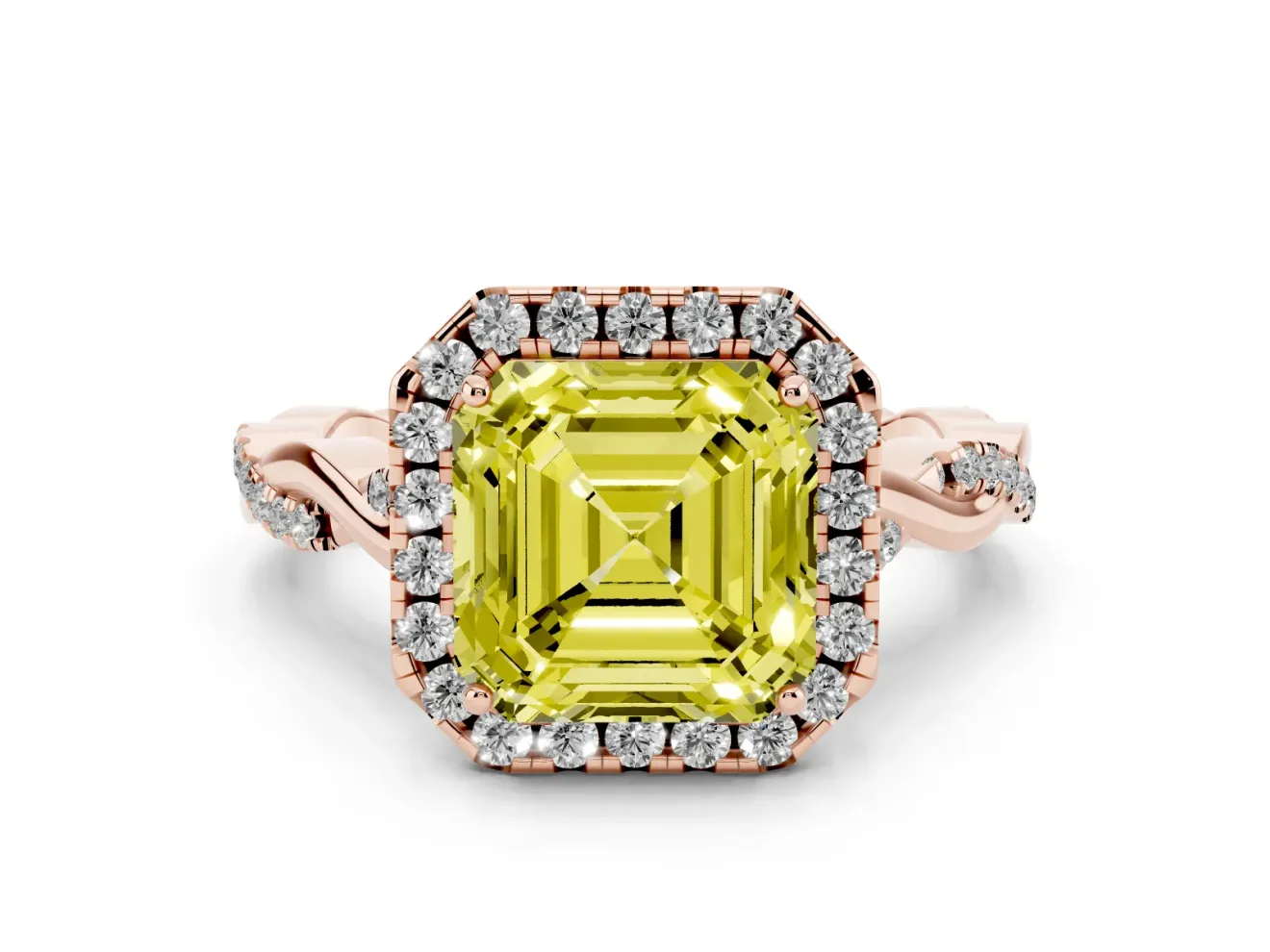 Asscher Cut Twist Halo Engagement Ring Setting for a Fancy Yellow Lab-Grown Diamond | Rose Gold