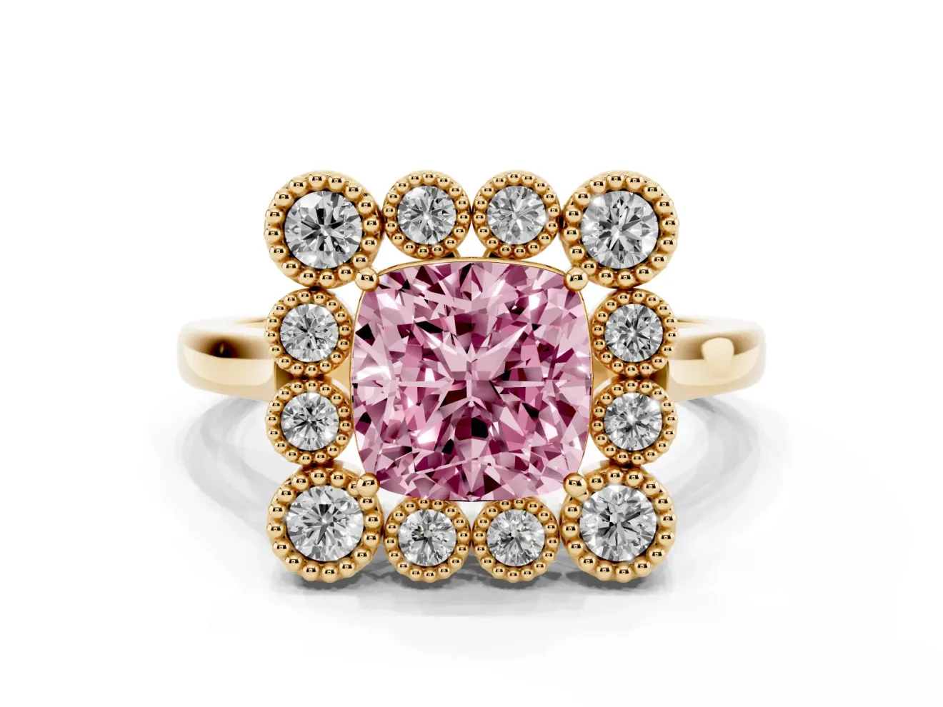Cushion Cut Milgrain Cluster Halo Engagement Ring Setting for a Fancy Pink Lab-Grown Diamond | Plain Band | Yellow Gold