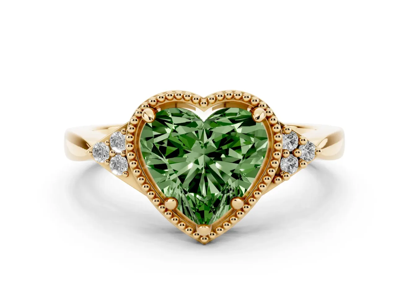 Fancy Green Heart Cut Diamond Milgrain Solitaire Ring Set in Yellow gold with Tapered Pavé Band and Prong Setting