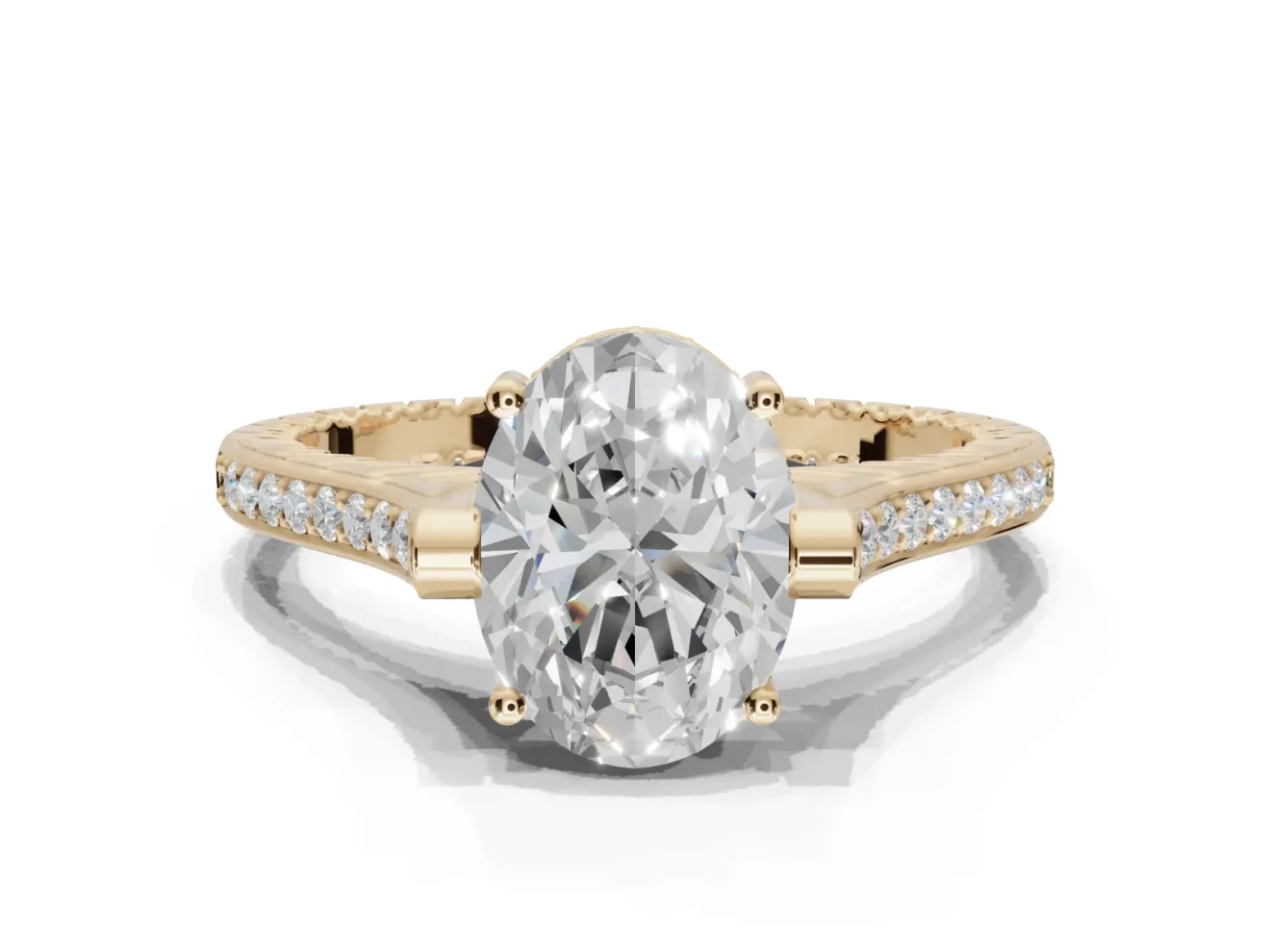 Oval Vintage Cathedral Engagement Ring Setting | Carved Band | Yellow Gold