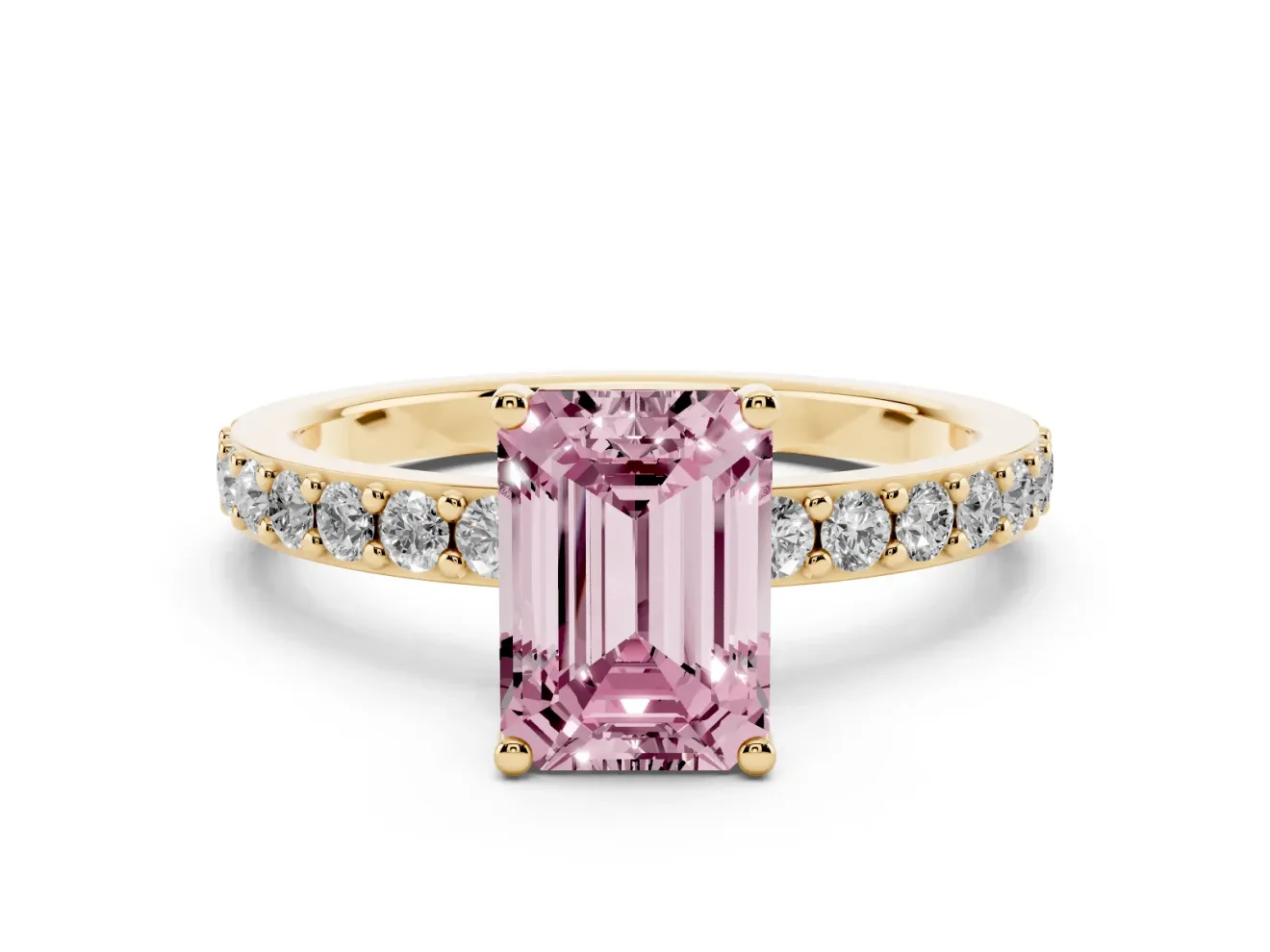 Fancy Pink Emerald Cut Diamond Solitaire Set in Yellow gold with Round Pavé Band and Prong Setting