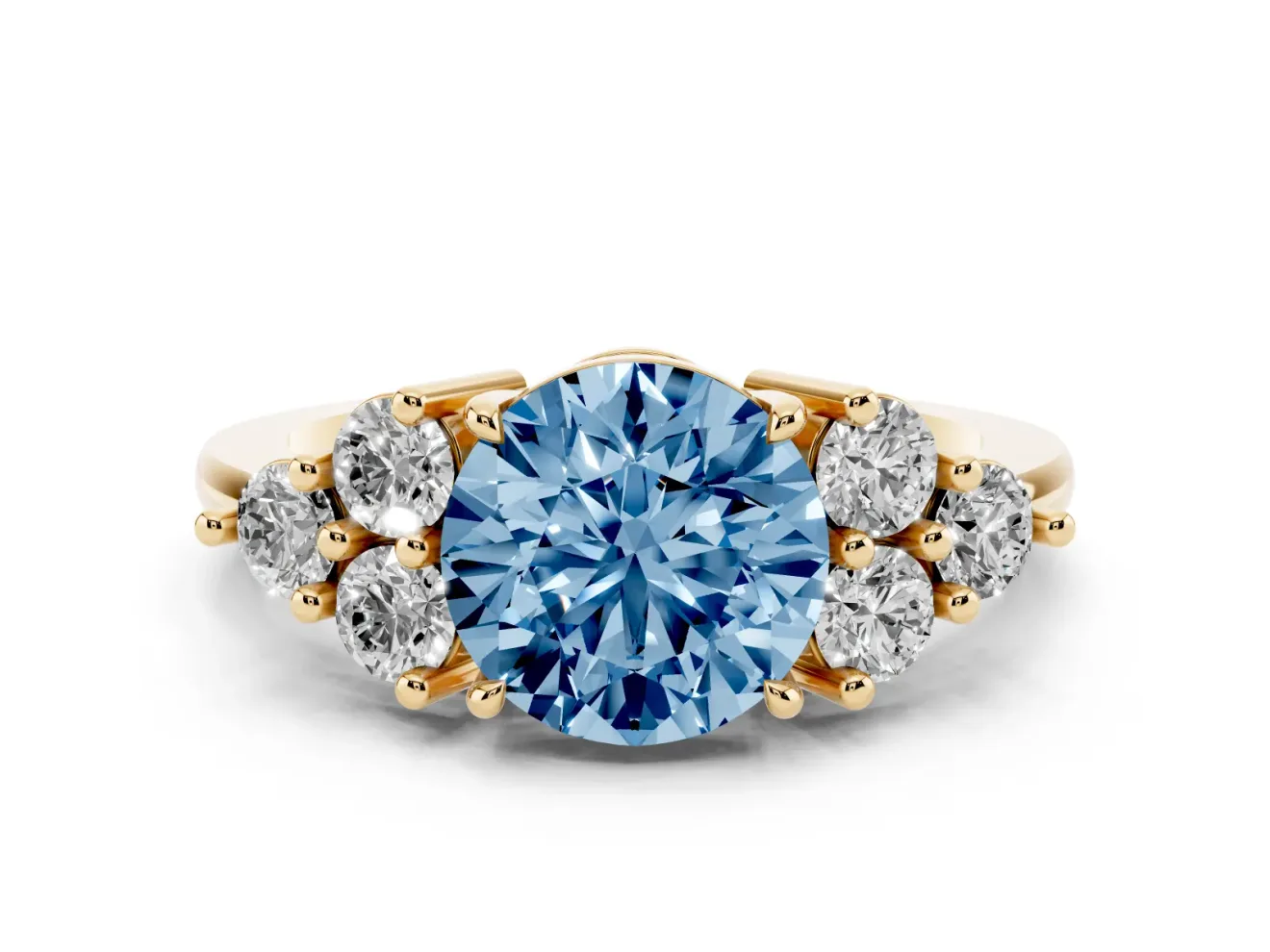 Round Cluster Side Stone Engagement Ring Setting for a Fancy Blue Lab-Grown Diamond | Yellow Gold