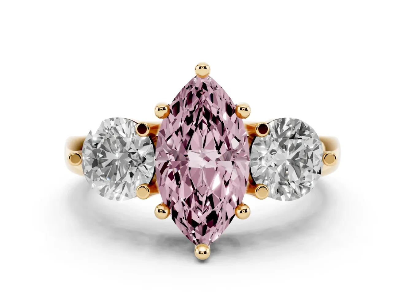 Fancy Pink Marquise Cut Diamond Three-Stone Ring Set in Yellow gold with Prong Setting and Classic Band