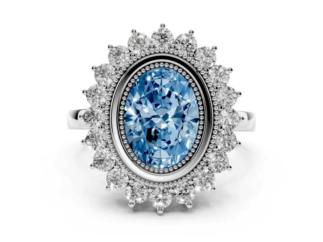 Oval Bezel Halo Engagement Ring Setting for a Fancy Blue Lab-Grown Diamond | Platinum