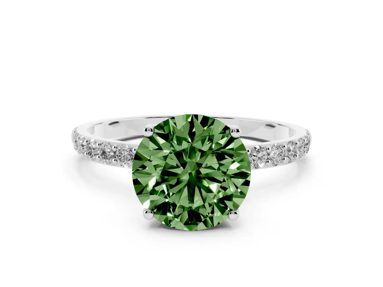 Round Pave Engagement Ring Setting for a Fancy Green Lab-Grown Diamond | Slim Band | Platinum