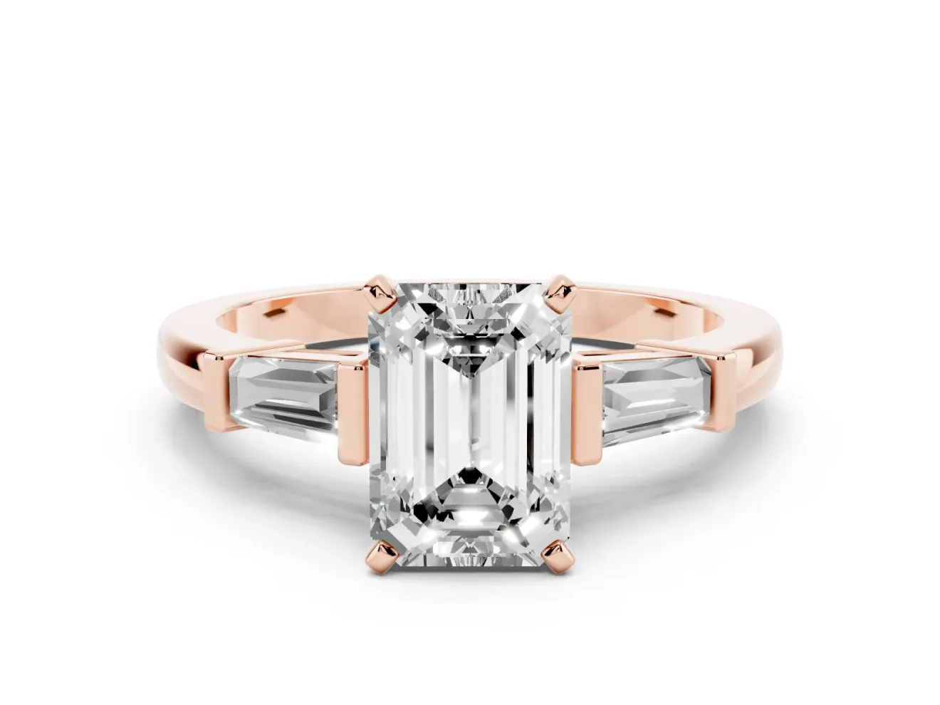 Emerald Cut Three-Stone Engagement Ring Setting | Tapered Baguettes | Rose Gold