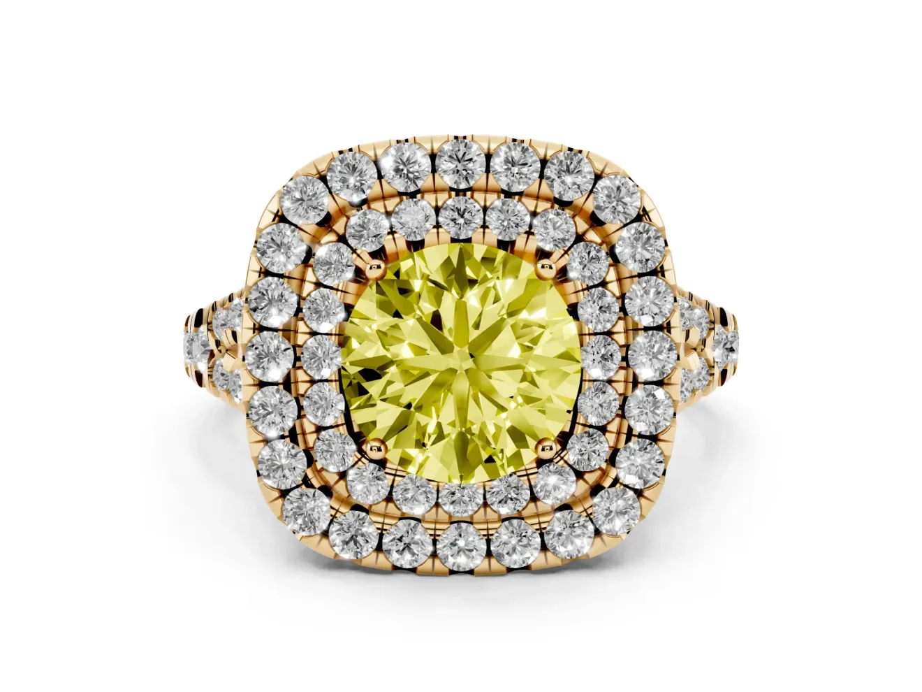 Round Halo Split Shank Engagement Ring Setting for a Fancy Yellow Lab-Grown Diamond | Pavé Strands | Yellow Gold