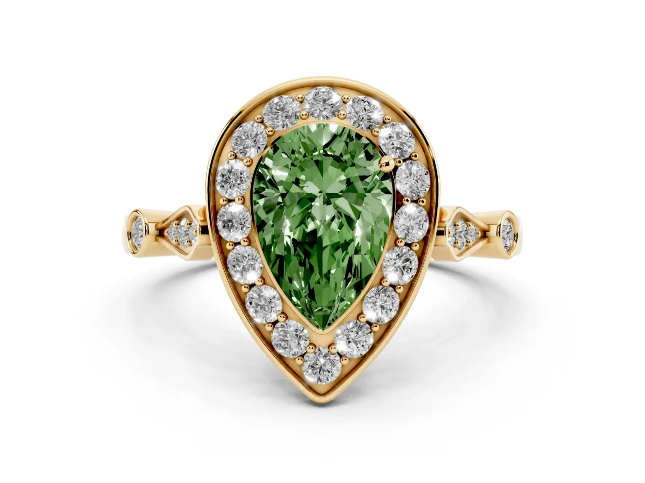 Pear-Shaped Halo Engagement Ring Setting for a Fancy Green Lab-Grown Diamond | Bezel Station Shoulders | Yellow Gold