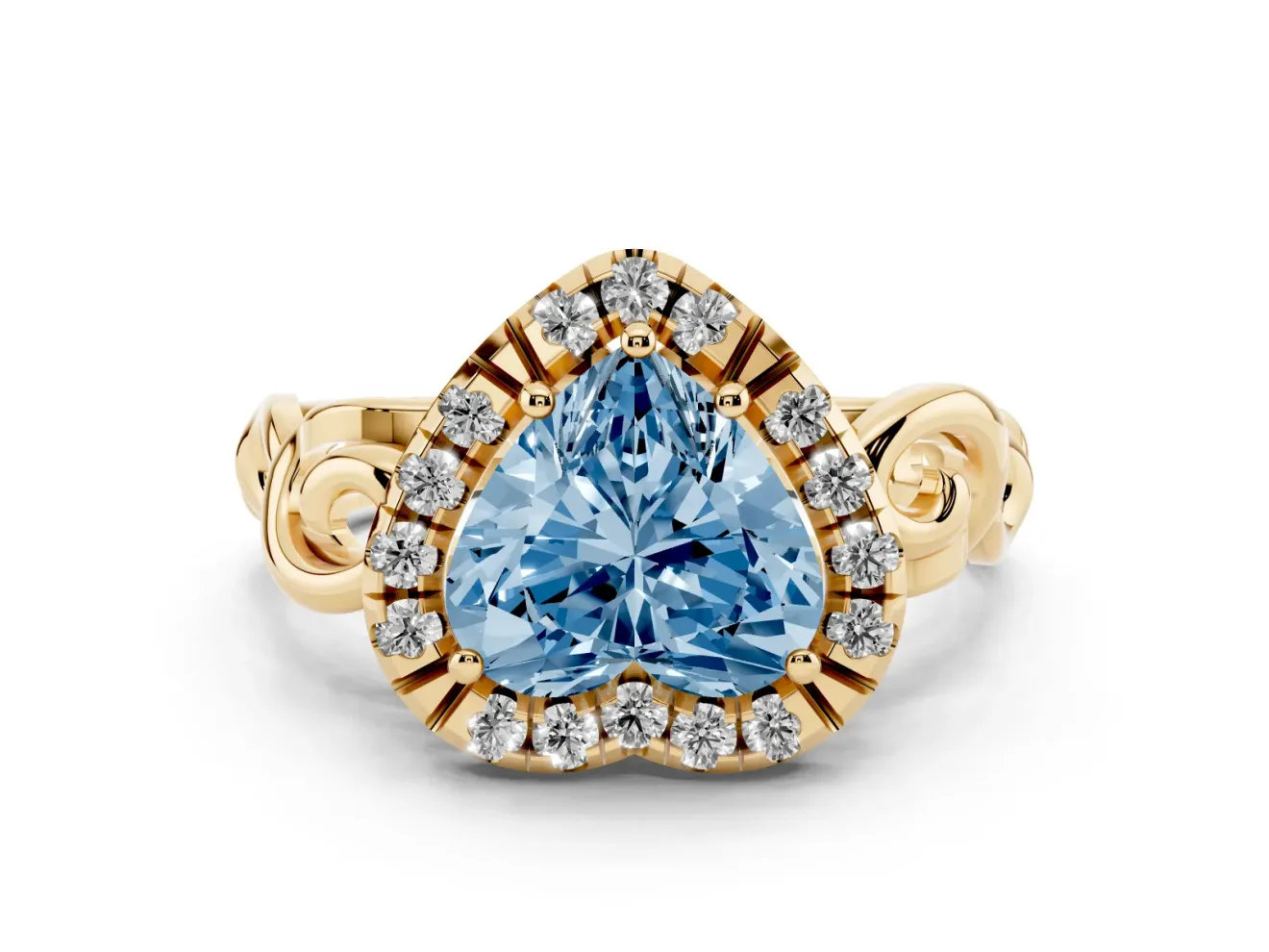 Heart-Shaped Filigree Halo Engagement Ring Setting for a Fancy Blue Lab-Grown Diamond | Yellow Gold