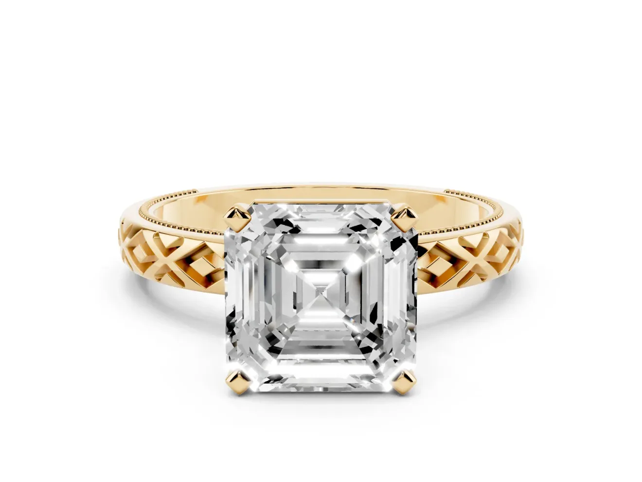 Asscher Cut Diamond Solitaire Ring Set in Yellow gold with Milgrain and Black Enamel X Pattern Band