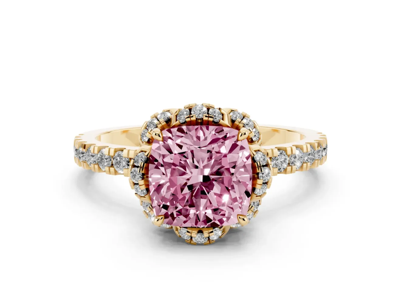 Cushion Cut Floral Petal Halo Engagement Ring Setting for a Fancy Pink Lab-Grown Diamond | Pavé Band | Yellow Gold